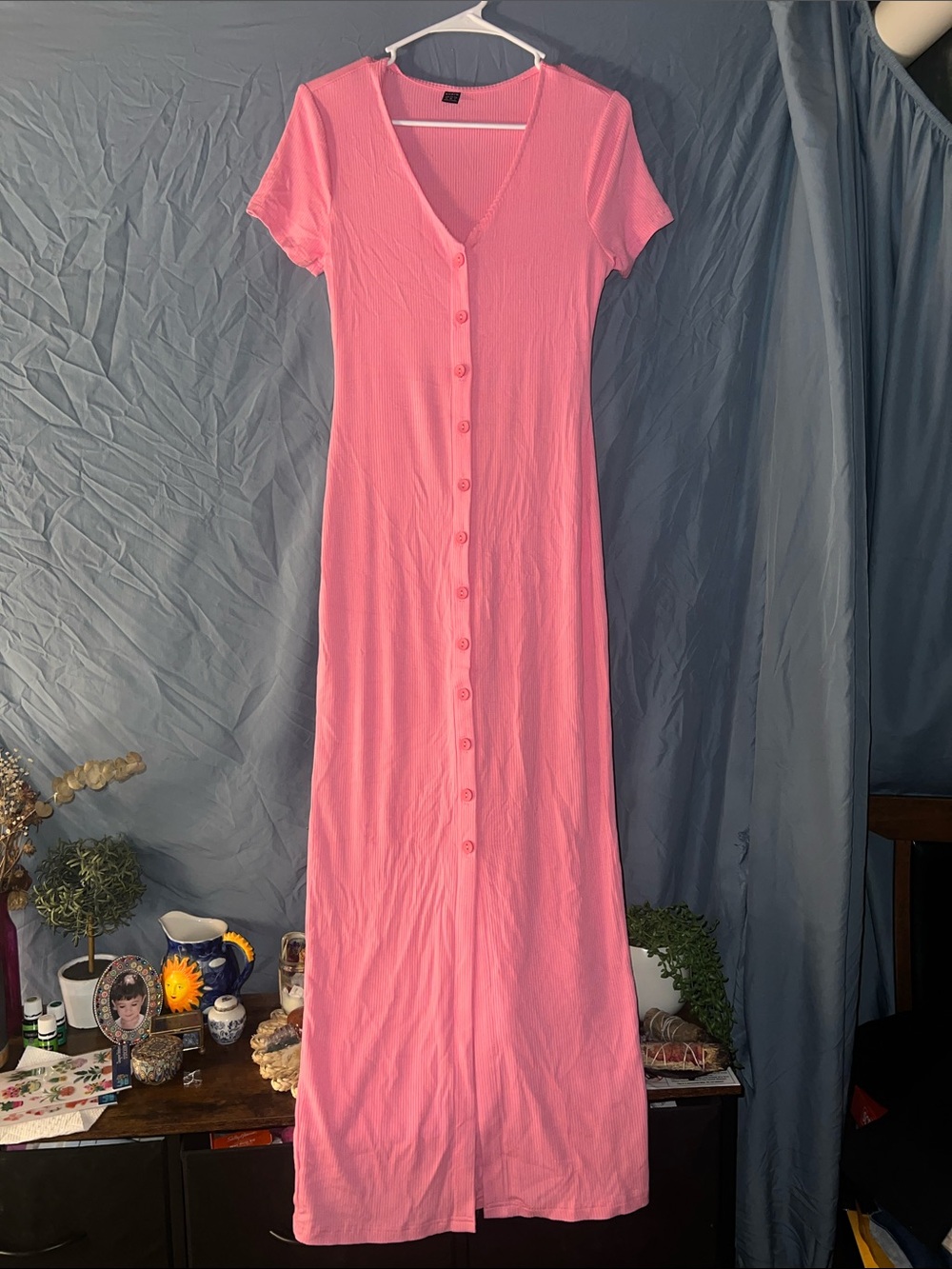 SHEIN Pink Button-Front Short Sleeve Maxi Dress
